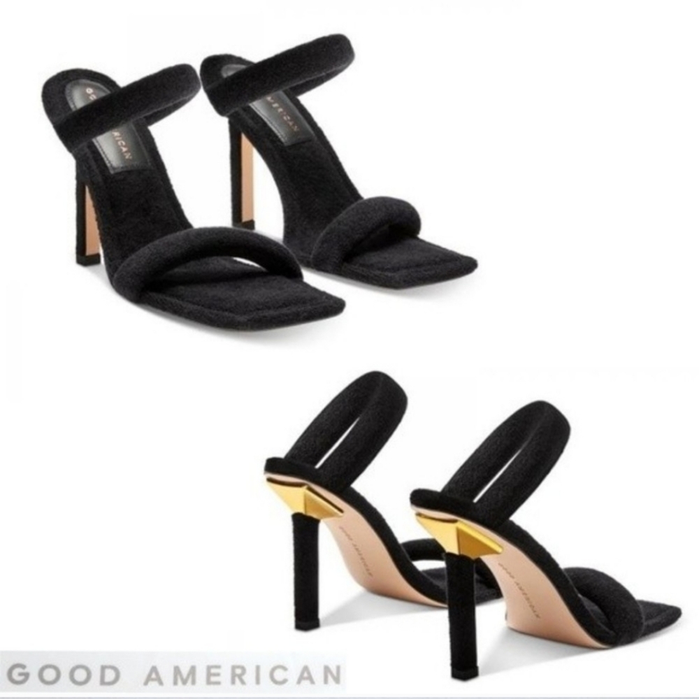 Good American Black Slip On Heeled Sandals